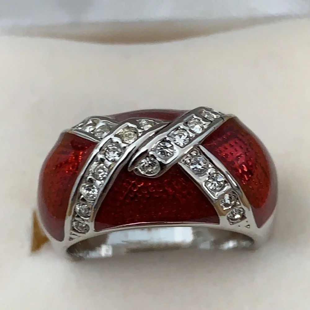 Tara Vanessa | Silver Tone Painted Red Enamel CZ Fashion Dome Ring NIB